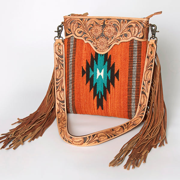 ADBG298 American Darling Cross body Bag - Hand Tooled Floral Leather & Woven Saddle Blanket Purse