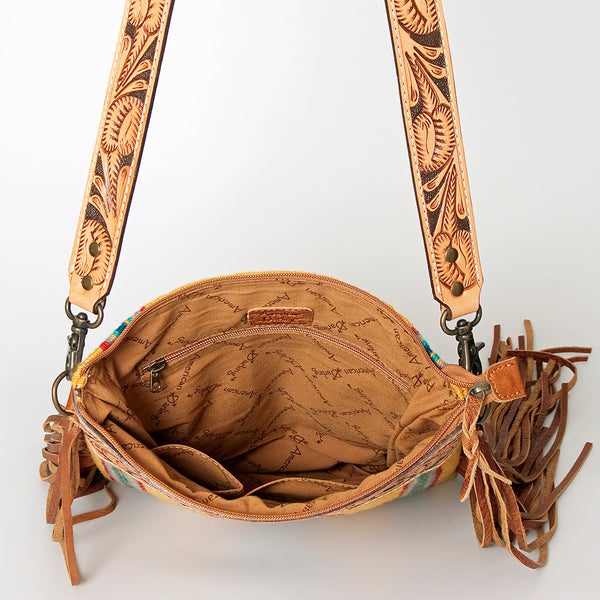 ADBG298 American Darling Large Cross body Bag - Hand Tooled Floral Leather & Woven Saddle Blanket Purse