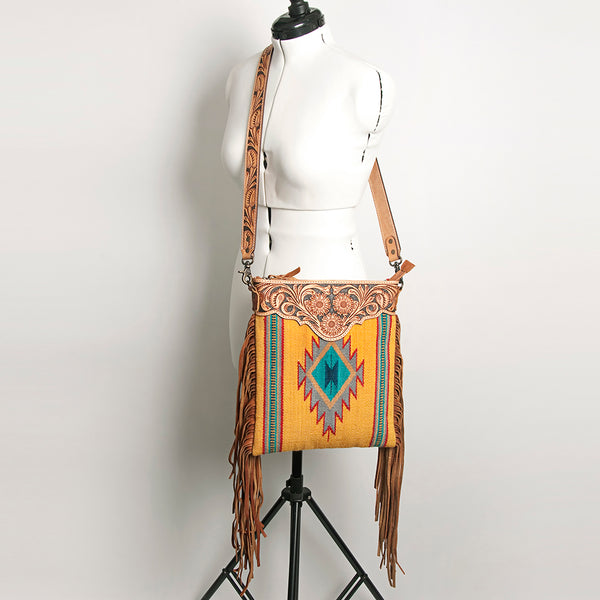 ADBG298 American Darling Large Cross body Bag - Hand Tooled Floral Leather & Woven Saddle Blanket Purse