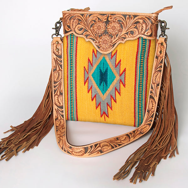 ADBG298 American Darling Large Cross body Bag - Hand Tooled Floral Leather & Woven Saddle Blanket Purse