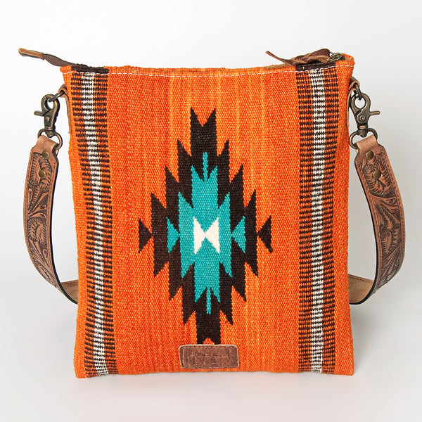 ADBG865 Orange Southwestern Saddle Blanket Crossbody Bag with Tooled Leather Strap & Stud Accents