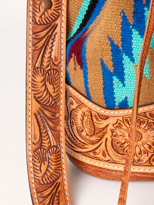 ADBG569 American Darling Hand Tooled Floral Leather & Woven Saddle Blanket Western Bucket Bag