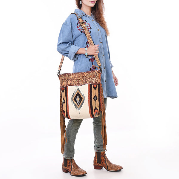 ADBG510 American Darling Tooled Leather & Saddle Blanket Crossbody Bag Western Fringe Purse