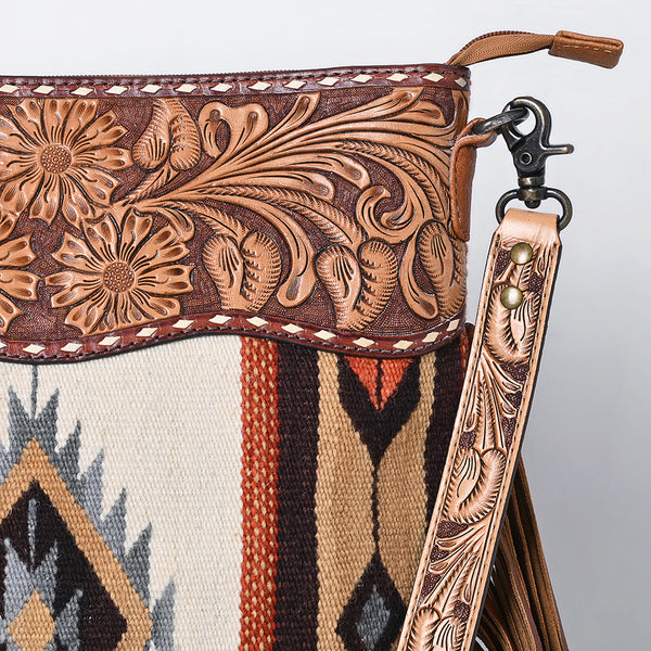 ADBG510 American Darling Tooled Leather & Saddle Blanket Crossbody Bag Western Fringe Purse
