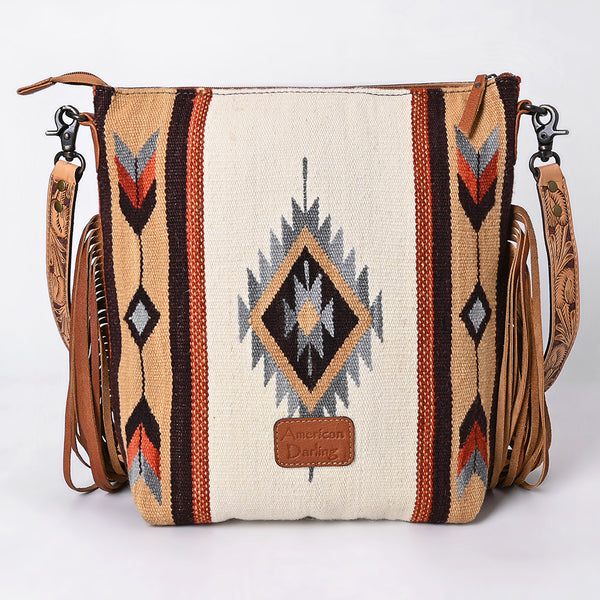 ADBG510 American Darling Tooled Leather & Saddle Blanket Crossbody Bag Western Fringe Purse