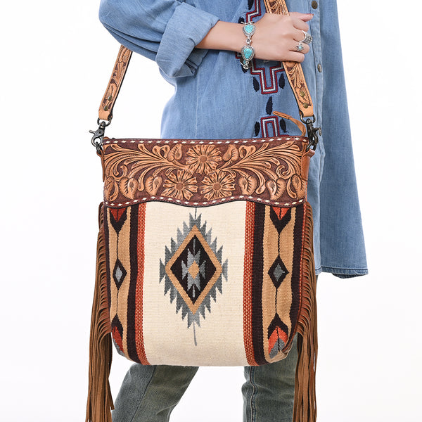 ADBG510 American Darling Tooled Leather & Saddle Blanket Crossbody Bag Western Fringe Purse