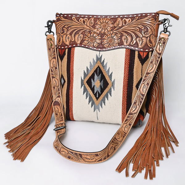 ADBG510 American Darling Tooled Leather & Saddle Blanket Crossbody Bag Western Fringe Purse