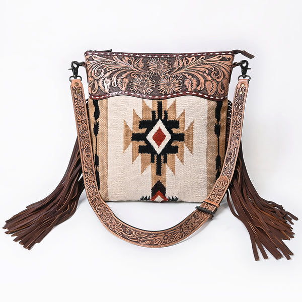 ADBG510 American Darling Tooled Leather & Saddle Blanket Crossbody Bag Western Fringe Purse