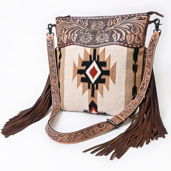 ADBG510 American Darling Tooled Leather & Saddle Blanket Crossbody Bag Western Fringe Purse