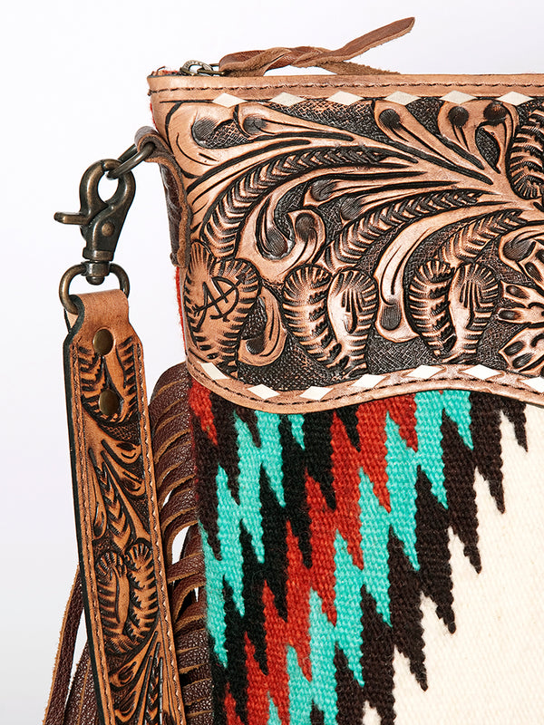 ADBG510 American Darling Tooled Leather & Saddle Blanket Crossbody Bag Western Fringe Purse