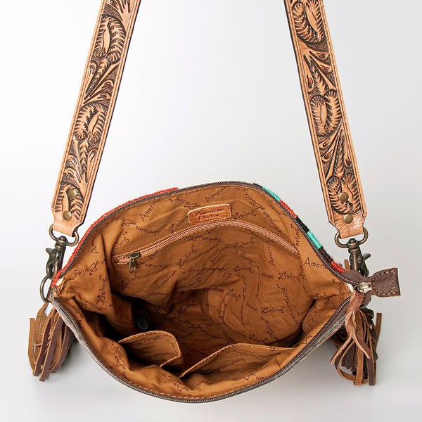 ADBG510 American Darling Tooled Leather & Saddle Blanket Crossbody Bag Western Fringe Purse