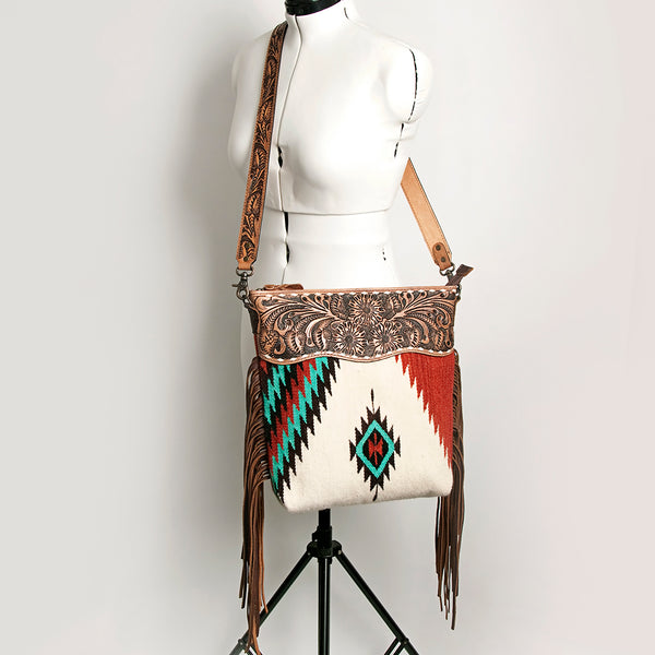 ADBG510 American Darling Tooled Leather & Saddle Blanket Crossbody Bag Western Fringe Purse