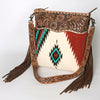 ADBG510 American Darling Tooled Leather & Saddle Blanket Crossbody Bag Western Fringe Purse