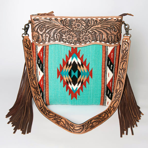 ADBG510 American Darling Tooled Leather & Saddle Blanket Crossbody Bag Western Fringe Purse