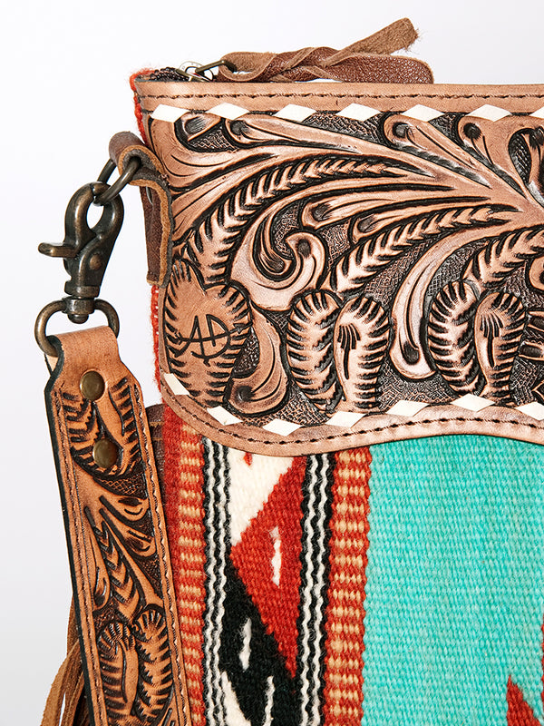 ADBG510 American Darling Tooled Leather & Saddle Blanket Crossbody Bag Western Fringe Purse