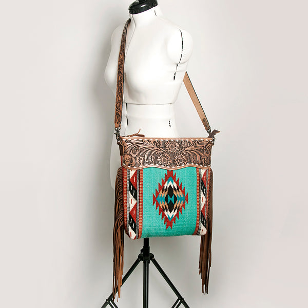 ADBG510 American Darling Tooled Leather & Saddle Blanket Crossbody Bag Western Fringe Purse