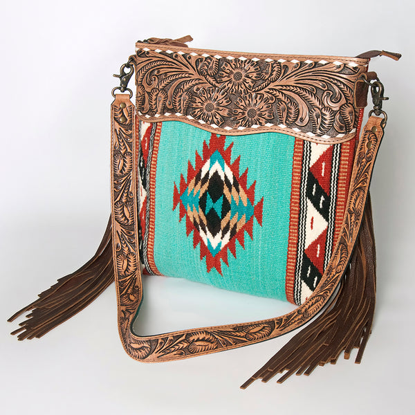 ADBG510 American Darling Tooled Leather & Saddle Blanket Crossbody Bag Western Fringe Purse