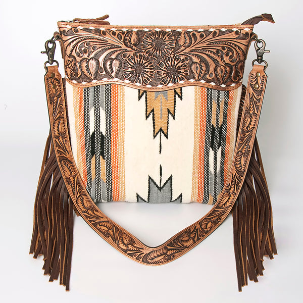 ADBG510 American Darling Tooled Leather & Saddle Blanket Crossbody Bag Western Fringe Purse