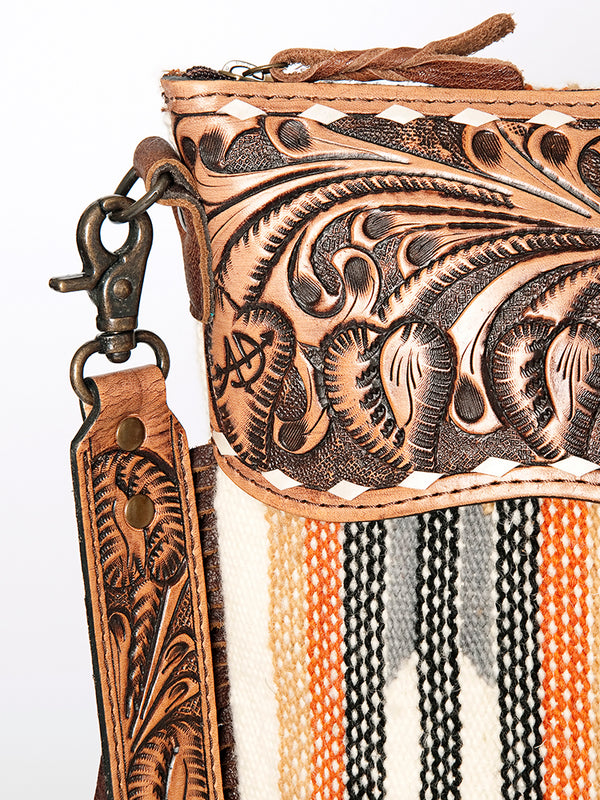 ADBG510 American Darling Tooled Leather & Saddle Blanket Crossbody Bag Western Fringe Purse