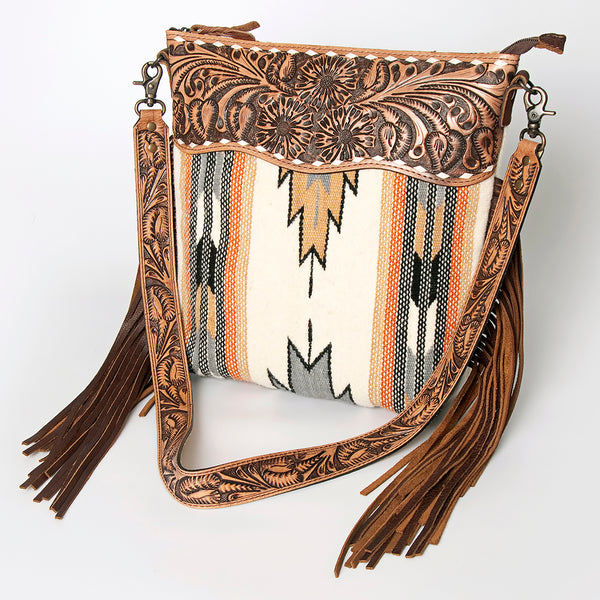 ADBG510 American Darling Tooled Leather & Saddle Blanket Crossbody Bag Western Fringe Purse