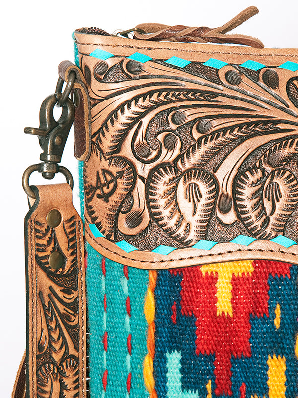 ADBG510 American Darling Tooled Leather & Saddle Blanket Crossbody Bag Western Fringe Purse
