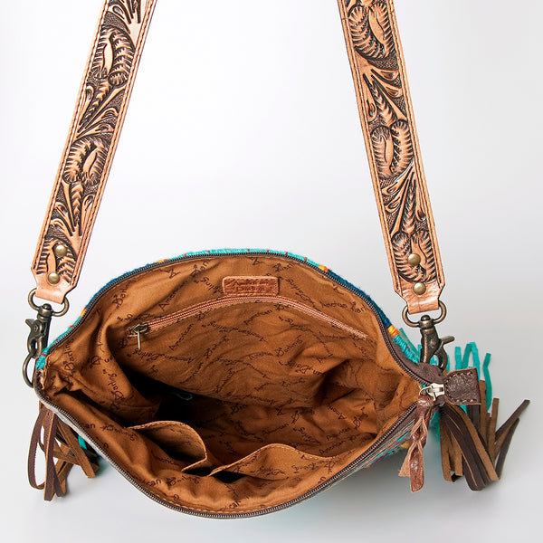 ADBG510 American Darling Tooled Leather & Saddle Blanket Crossbody Bag Western Fringe Purse