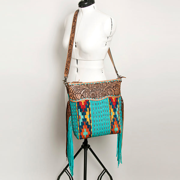 ADBG510 American Darling Tooled Leather & Saddle Blanket Crossbody Bag Western Fringe Purse