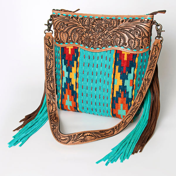 ADBG510 American Darling Tooled Leather & Saddle Blanket Crossbody Bag Western Fringe Purse