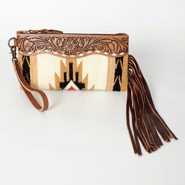 ADBG344 American Darling Aztec Saddle Blanket Tooled Leather Fringe Wristlet Clutch