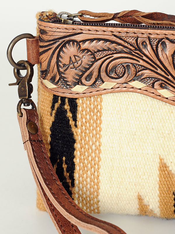 ADBG344 American Darling Aztec Saddle Blanket Tooled Leather Fringe Wristlet Clutch