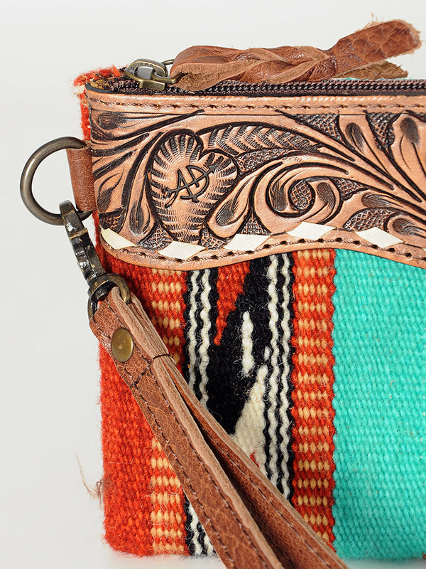 ADBG344 American Darling Aztec Saddle Blanket Tooled Leather Fringe Wristlet Clutch