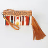 ADBG344 American Darling Aztec Saddle Blanket Tooled Leather Fringe Wristlet Clutch