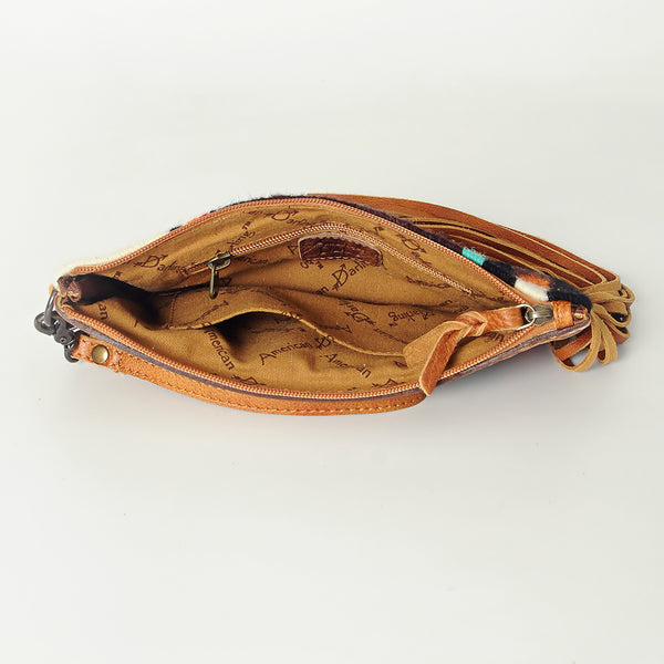 ADBG344 American Darling Aztec Saddle Blanket Tooled Leather Fringe Wristlet Clutch