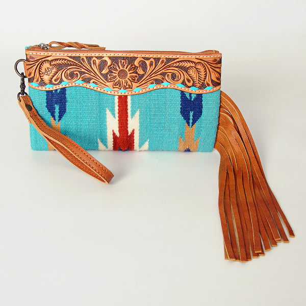 ADBG344 American Darling Aztec Saddle Blanket Tooled Leather Fringe Wristlet Clutch