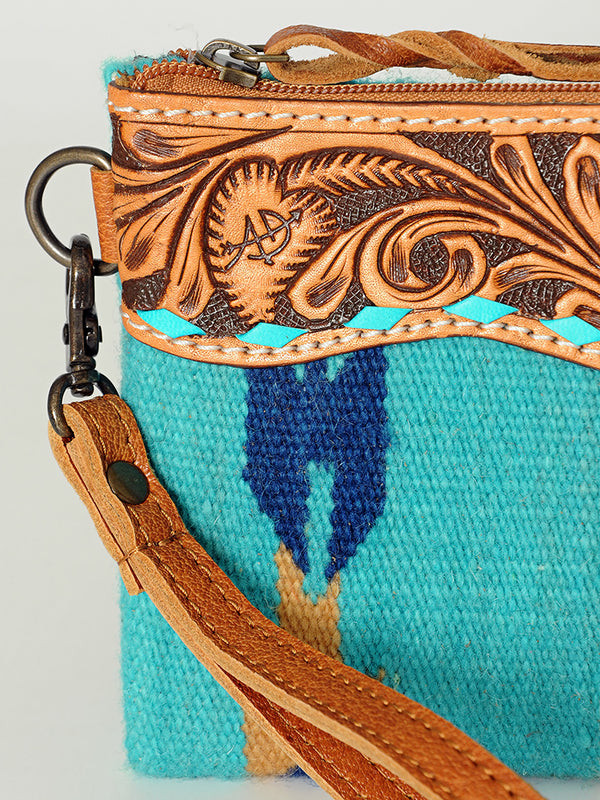 ADBG344 American Darling Aztec Saddle Blanket Tooled Leather Fringe Wristlet Clutch