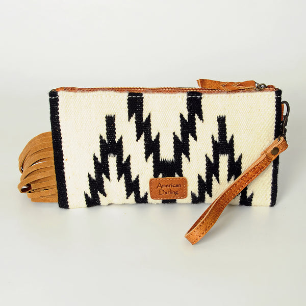 ADBG344 American Darling Aztec Saddle Blanket Tooled Leather Fringe Wristlet Clutch