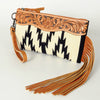 ADBG344 American Darling Aztec Saddle Blanket Tooled Leather Fringe Wristlet Clutch