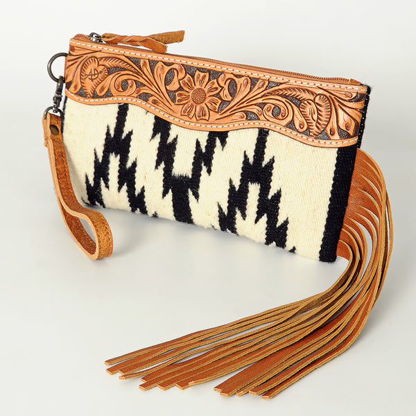 ADBG344 American Darling Aztec Saddle Blanket Tooled Leather Fringe Wristlet Clutch