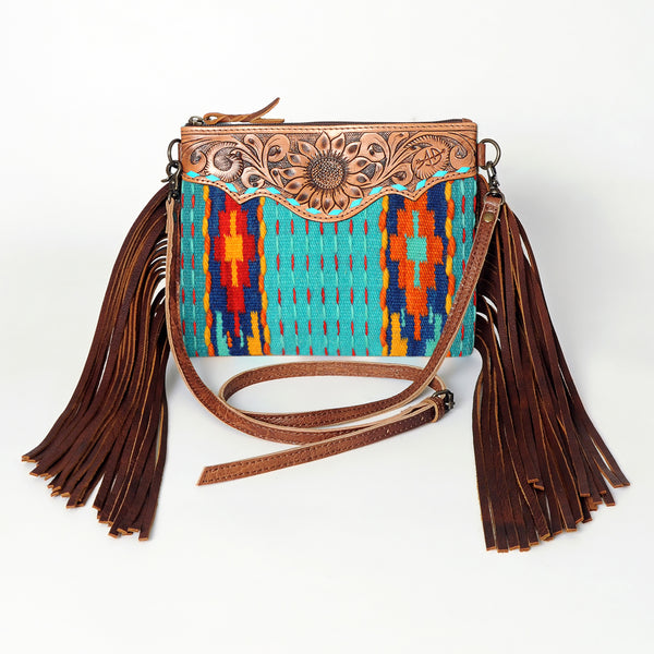 ADBG236 American Darling Hand-Tooled Floral Cross body Bag with Woven Saddle Blanket & Fringes