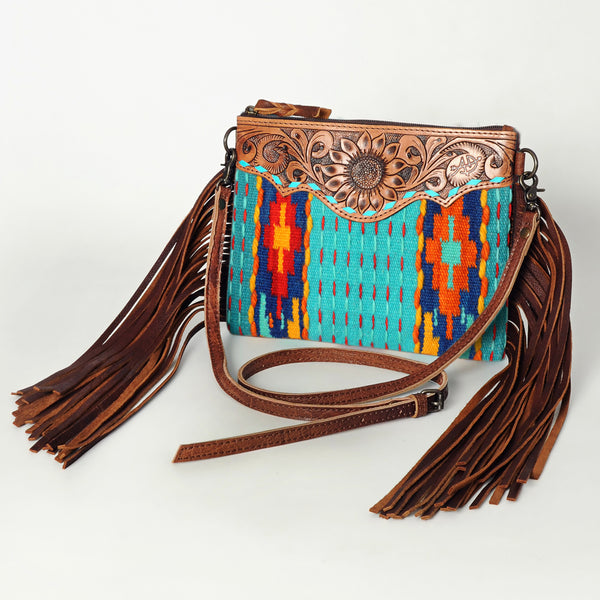 ADBG236 American Darling Hand-Tooled Floral Cross body Bag with Woven Saddle Blanket & Fringes
