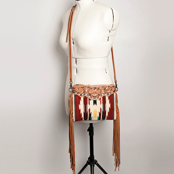 ADBG236 American Darling Hand-Tooled Floral Cross body Bag with Woven Saddle Blanket & Fringes
