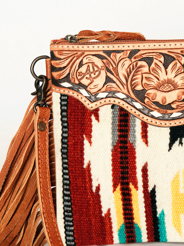 ADBG236 American Darling Hand-Tooled Floral Cross body Bag with Woven Saddle Blanket & Fringes