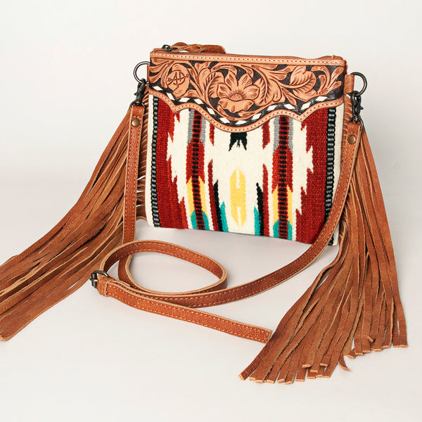 ADBG236 American Darling Hand-Tooled Floral Cross body Bag with Woven Saddle Blanket & Fringes