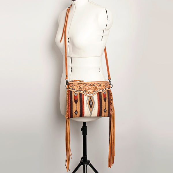ADBG236 American Darling Hand-Tooled Floral Cross body Bag with Woven Saddle Blanket & Fringes