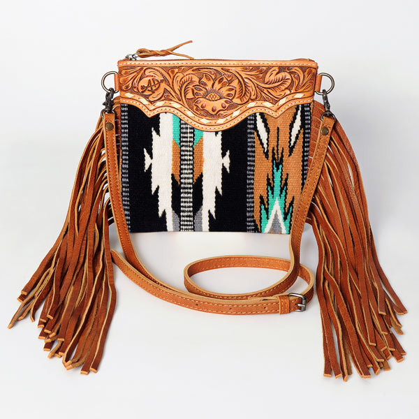 ADBG236 American Darling Hand-Tooled Floral Cross body Bag with Woven Saddle Blanket & Fringes