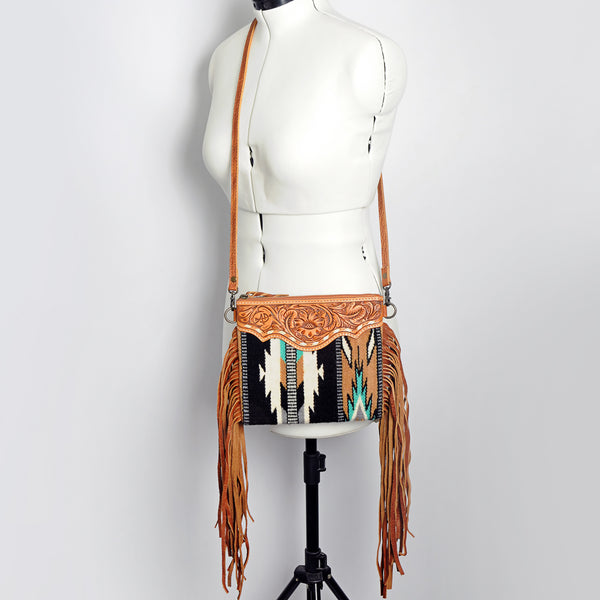 ADBG236 American Darling Hand-Tooled Floral Cross body Bag with Woven Saddle Blanket & Fringes