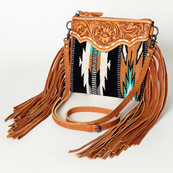 ADBG236 American Darling Hand-Tooled Floral Cross body Bag with Woven Saddle Blanket & Fringes