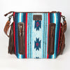 LC-ADBGZ557A Southwestern Woven & Tooled Leather Fringe Crossbody Bag - Blue Serape with Floral Tooled Strap