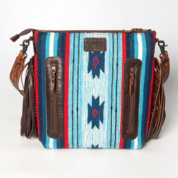 LC-ADBGZ557A Southwestern Woven & Tooled Leather Fringe Crossbody Bag - Blue Serape with Floral Tooled Strap