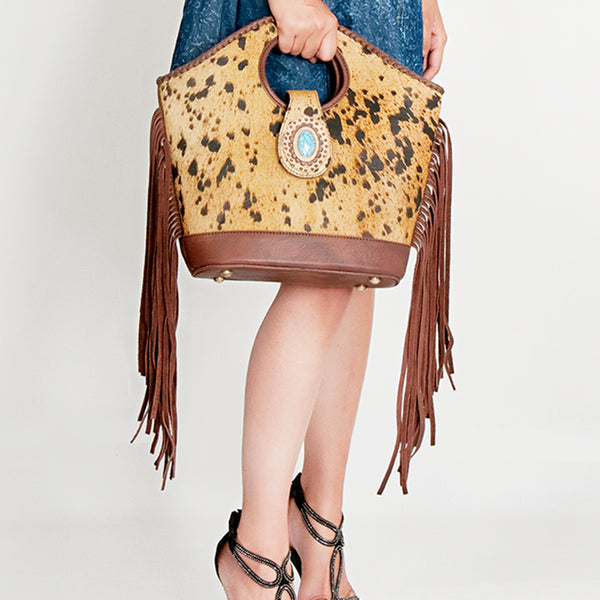 ADBGD158 American Darling Western Leather Clutch Bag - Hair-On Cowhide Fringed Purse with Turquoise